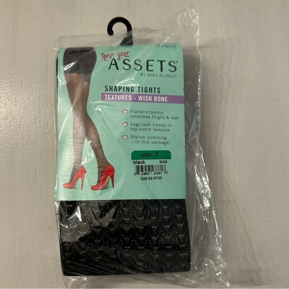 Assets by Sara Blakely Women’s Black Shaping Tights Textured Wishbone Sz 3 NWT
